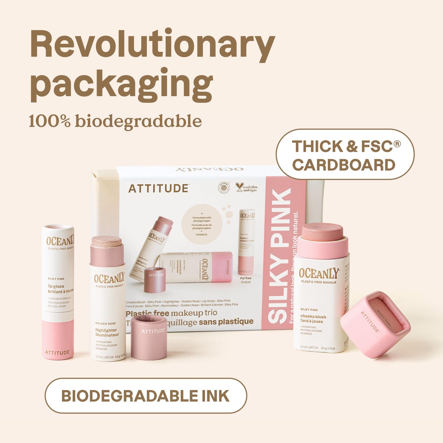 ATTITUDE Silky Pink Makeup Box Set, EWG Verified, Titanium Dioxide-Free, Plastic-free, Plant and Mineral-Based Ingredients, Vega