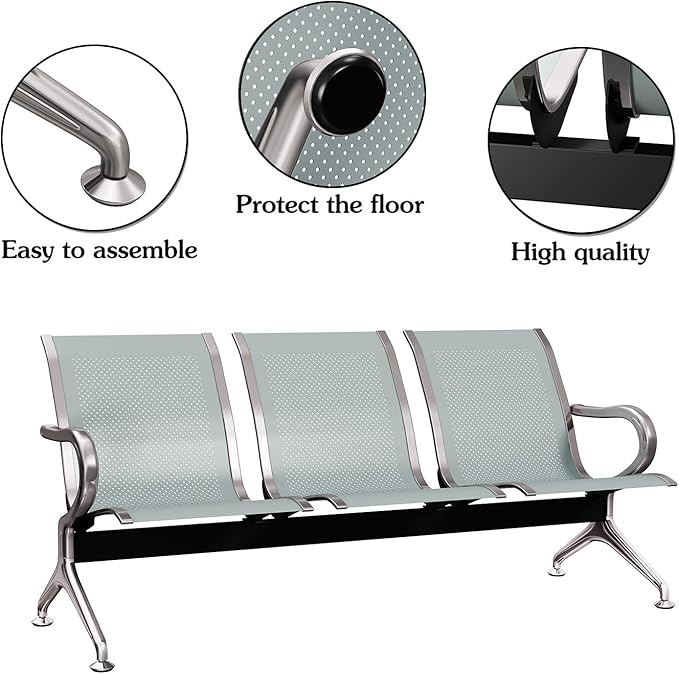 Kinsuite 3-Seat Waiting Room Chairs - Waiting Room Chairs with Arms Airport Reception Chairs Reception Bench, Lobby Bench Seating for Office, Business, Bank, Hospital, Silver