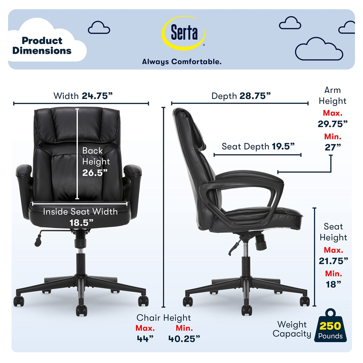 Serta Hannah Executive Home Office Desk Chair, Ergonomic Mid-Back with Lumbar Support, Firm Seat Cushion, Layered Body Pillows, Padded Armrests, Swivel Base, Easy Assembly, Bonded Leather, Black