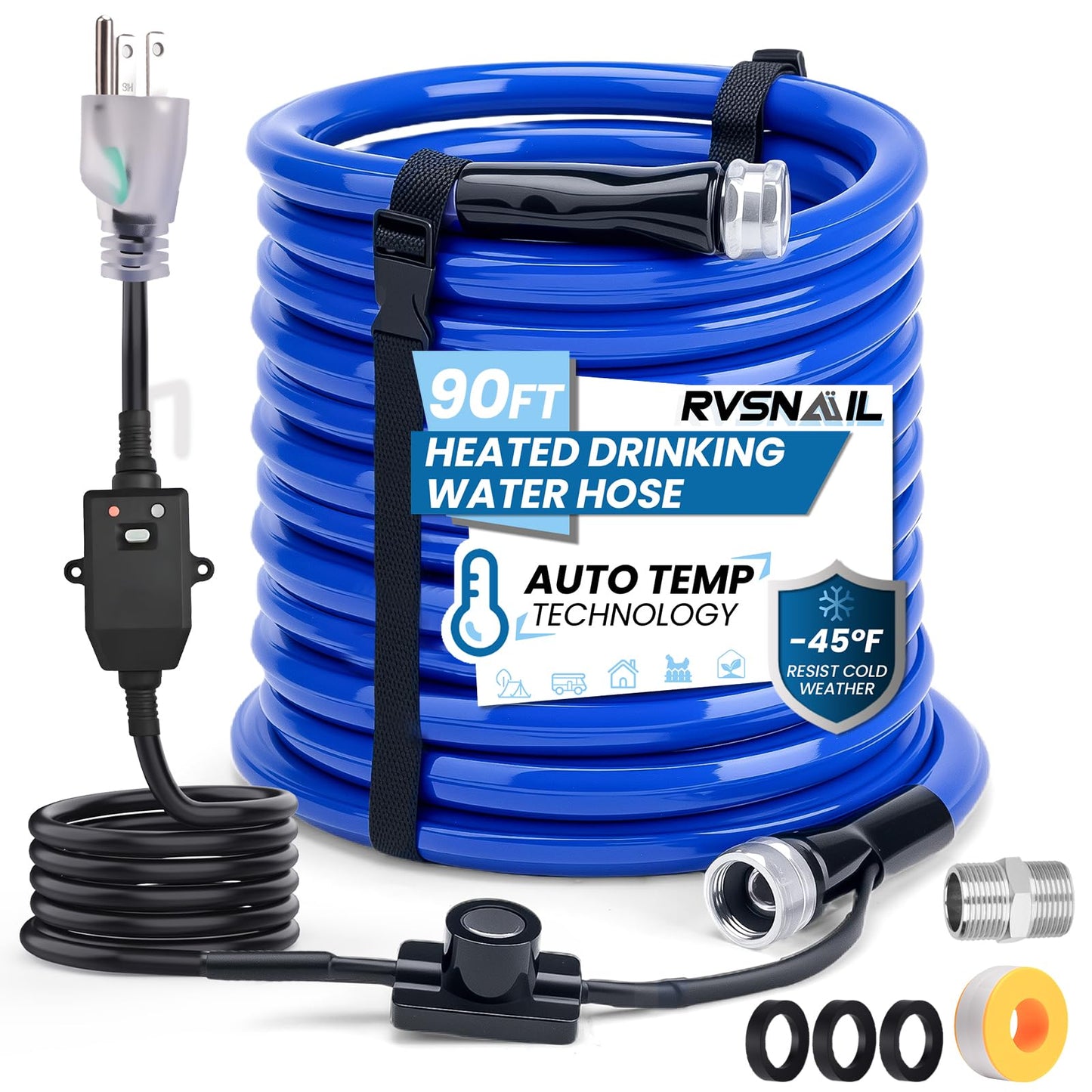 RVSNAIL 90FT Heated Water Hose, Freeze Protection to -45°F, Smart Thermostat Control, Lead/BPA-Free Drinking Water Safe Hose for RV, Camping & Home Use