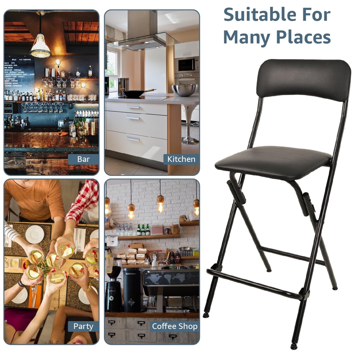 V&LX Folding Bar Stool with Backrest Leather Padded Portable Folding Stool Chair Counter Height Foldable Collapsible Stool for Kitchen Bar 2 Pack (Black, 25" H 2Pack)