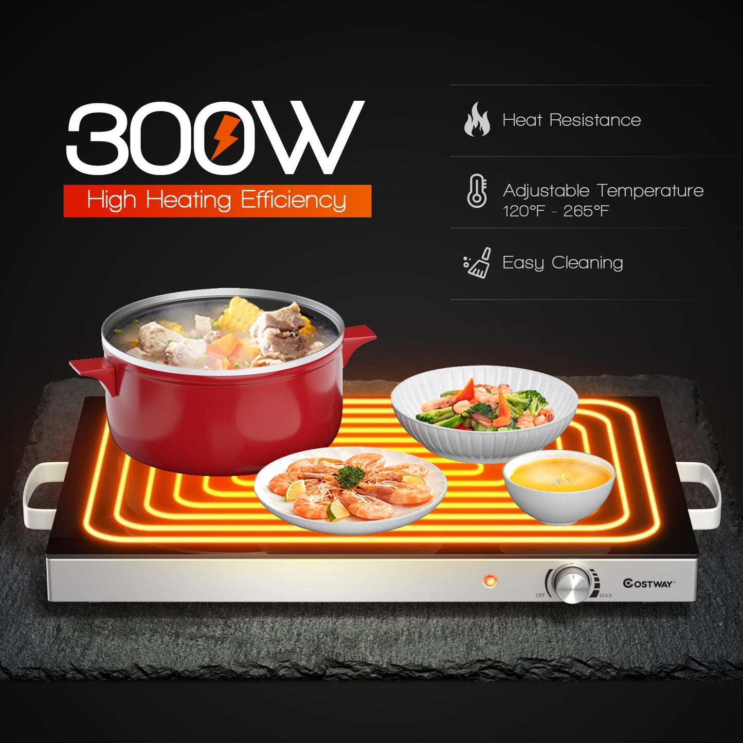 COSTWAY Electric Food Warming Tray, 25" x 15" Food Warmer for Parties with Adjustable Temperature Control, ETL Certified, Tempered Glass Surface, Electric Hot Plate for Buffets, Restaurants (2)