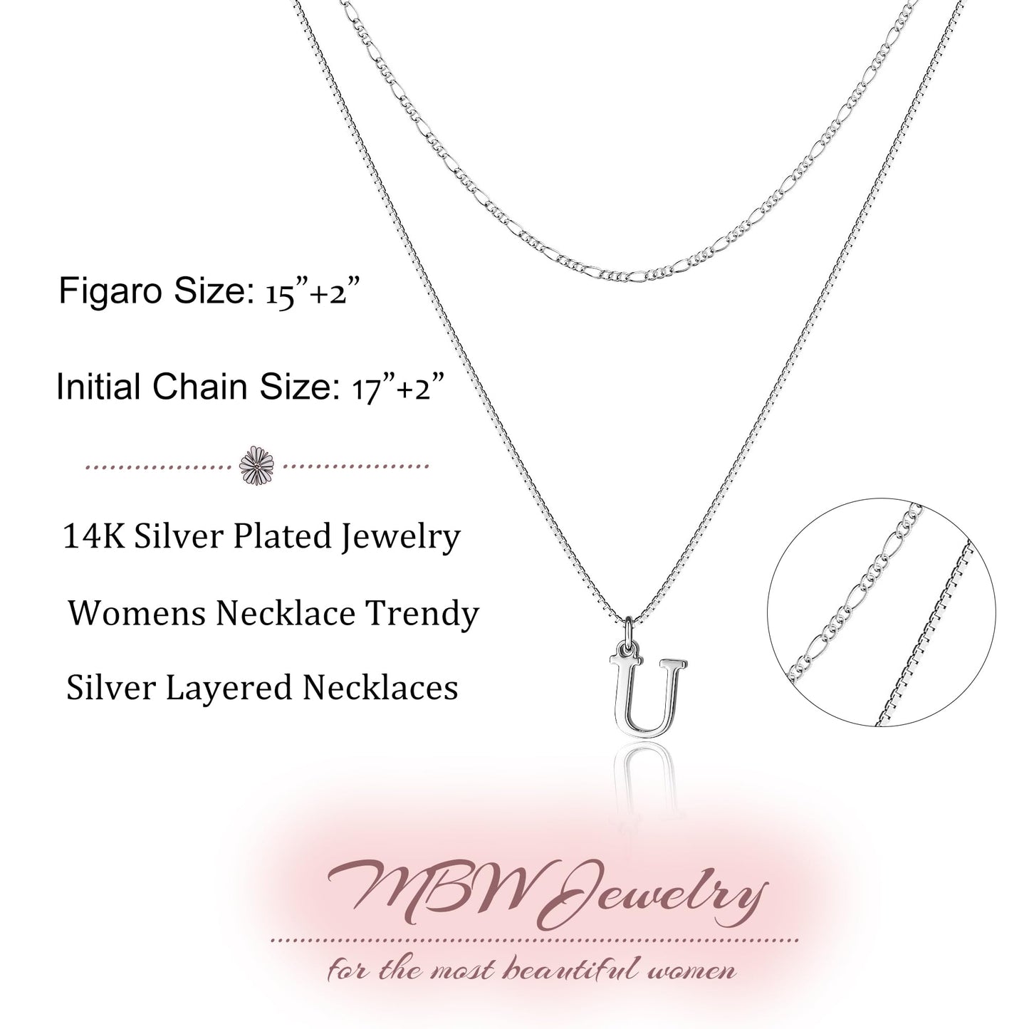 MBW 14K Silver Plated Initial Necklaces for Women, Layered Initial Pendant Necklace Dainty Figaro Choker Name Monogram Necklaces