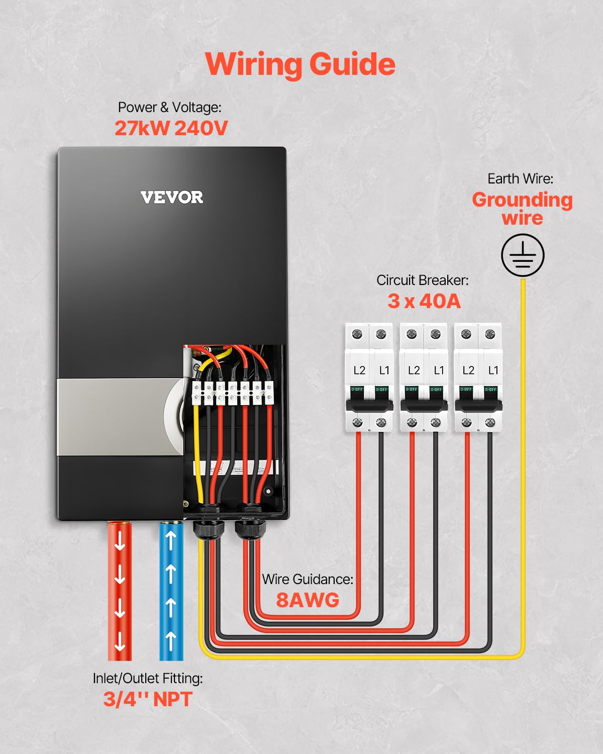 VEVOR Tankless Water Heater Electric, 27KW 240V Black Instant Water Heater, LCD Touch Screen, Digital Temperature Display, Child Security Lock, On Demand for Bathroom, Kitchen, Shower, Mall, Salon
