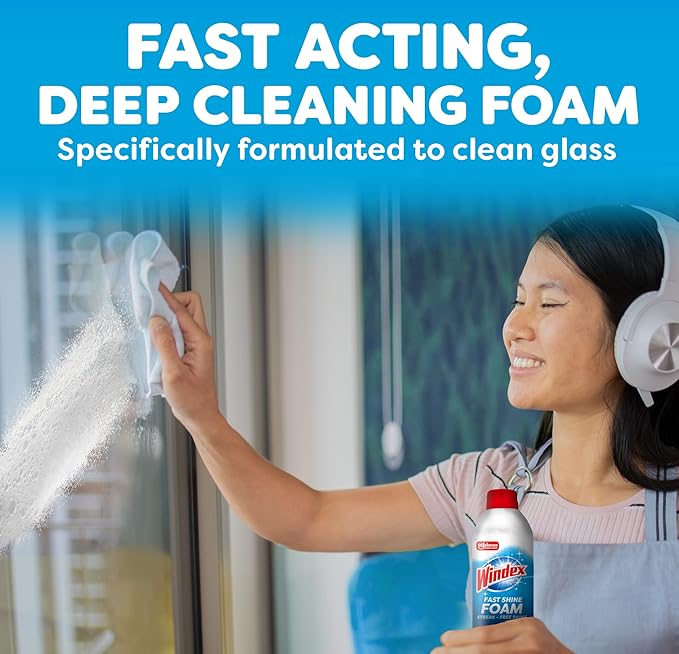 Windex Fast Shine Foam Glass Cleaner, No-Drip Aerosol Cleaning Spray, 19 oz, Pack of 2