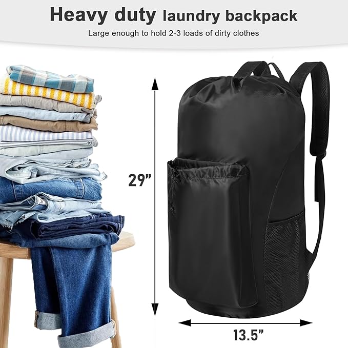 Polecasa Extra Heavy Duty Large Backpack Laundry Bag with Comfortable Padded Shoulder Straps & 4 Pockets, Durable Storage Bags, Drawstring bag for Dorm, College, Travel, Black