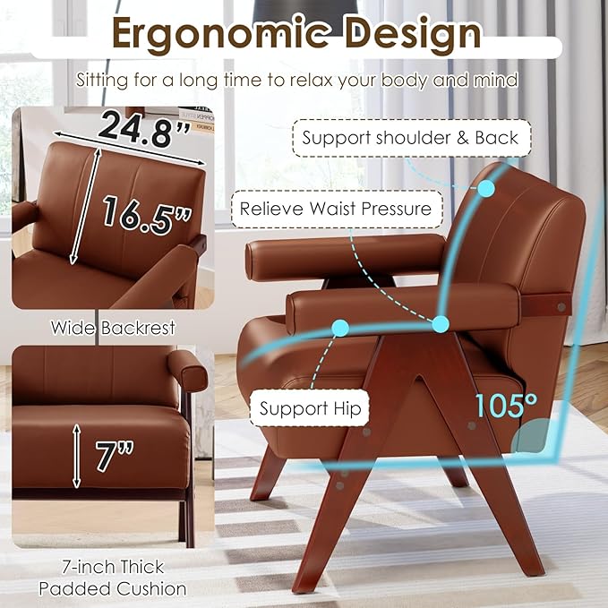 STHOUYN Brown Leather Accent Chairs, Mid Century Modern Chair, Side Arm Chairs for Living Room, Office Guest Waiting Room Lobby Chairs (1, Brown)