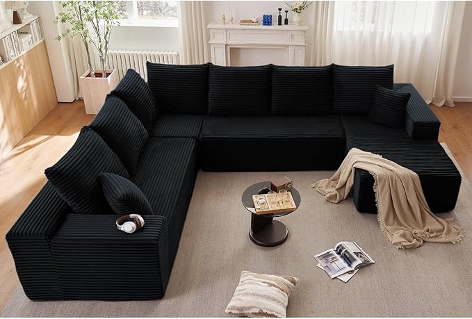 137" Cloud Sectional Couch with L-Shape Chaise, Modern Corduroy Boneless Couch for Living Room,Memory Foam Sofa with Deep Seat,No Assembly Required (Black,Right-Facing Chaise)