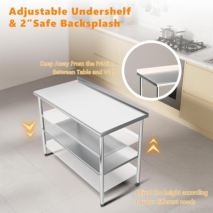 ROVSUN 48'' x 24'' Stainless Steel Table for Prep & Work,Commercial Worktables & Workstations, NSF Heavy Dut Metal Table with Adjustable UnderShelf & Backsplash for Kitchen,Restaurant,Home,Hotel