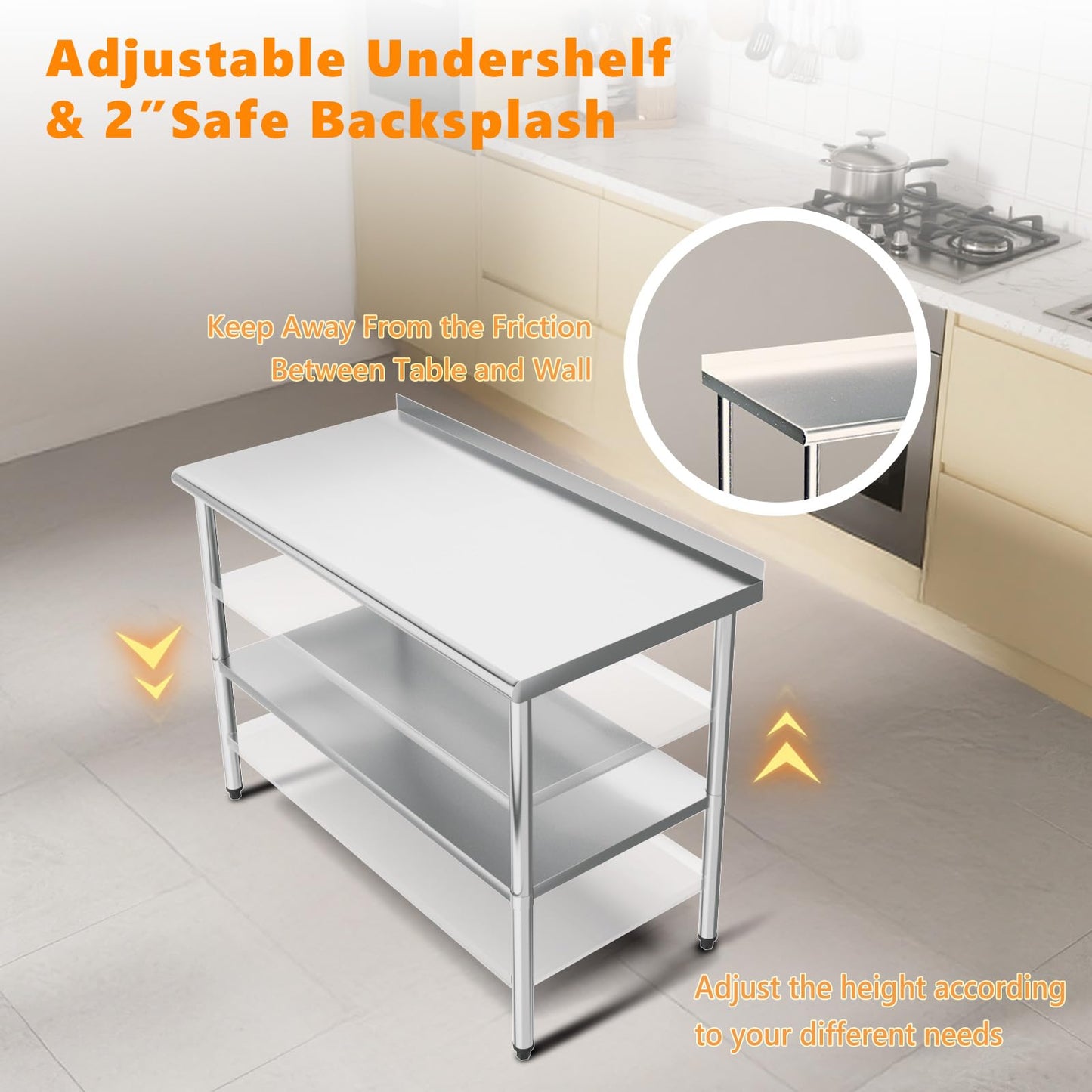 ROVSUN 48'' x 24'' Stainless Steel Table for Prep & Work,Commercial Worktables & Workstations, NSF Heavy Dut Metal Table with Adjustable UnderShelf & Backsplash for Kitchen,Restaurant,Home,Hotel