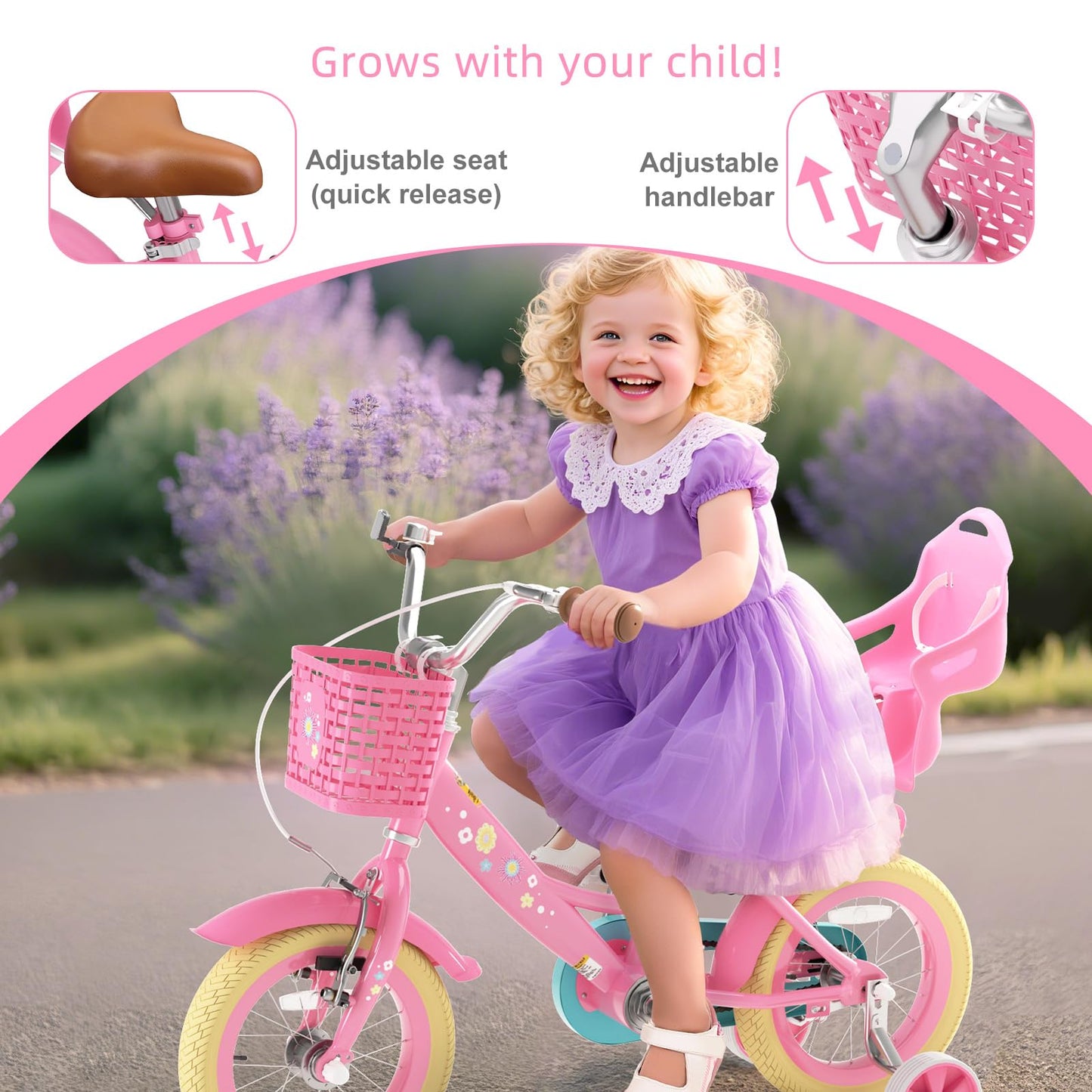 Glaf Toddler Girls Bike for Kids Age 2-12 Years Old 12 14 16 20 Inch Girls Bike with Training Wheels and Doll Seat Kids Bicycle with Basket Adjustable Seat (12 Inch with Training Wheels,Flower Pink)