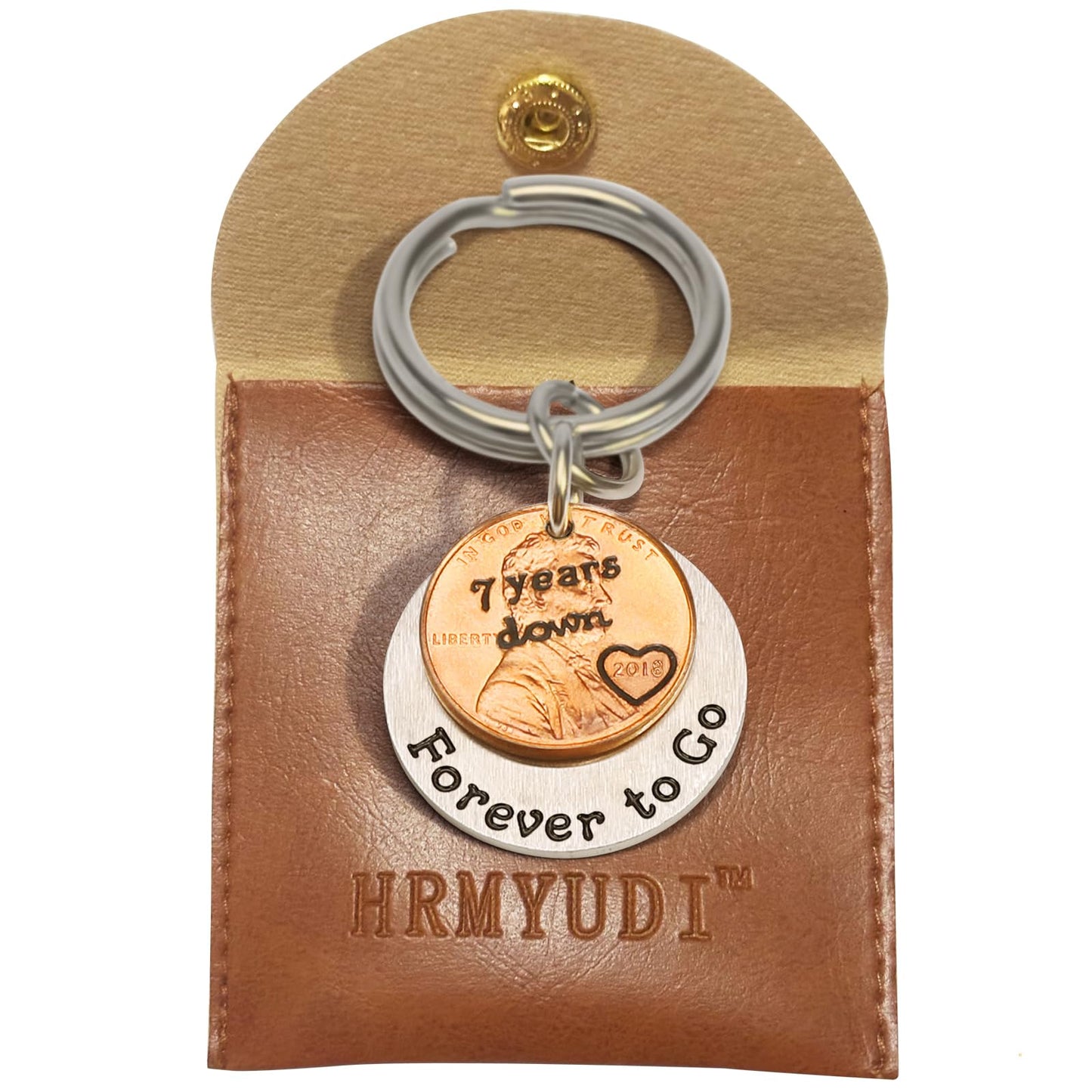 HRMYUDI Copper Gifts for 7th Anniversary, 7 Years Anniversary Copper Gift Coin Keychain with a 2018 Penny, 7 Years Down and Forever To Go Keyring, Anniversary Present for Man Woman