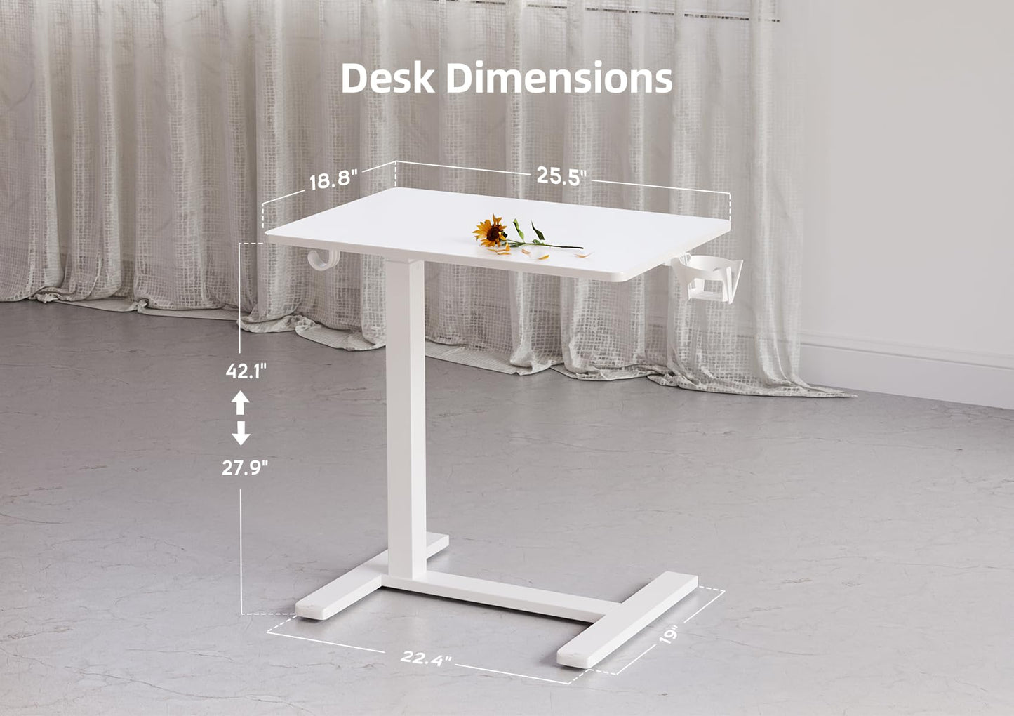 Claiks Mobile Overbed Table with Wheels - 25.5" Adjustable Height Standing Desk for Hospital & Home Use, 22lbs Capacity, Ergonomic Rolling Laptop Cart, White