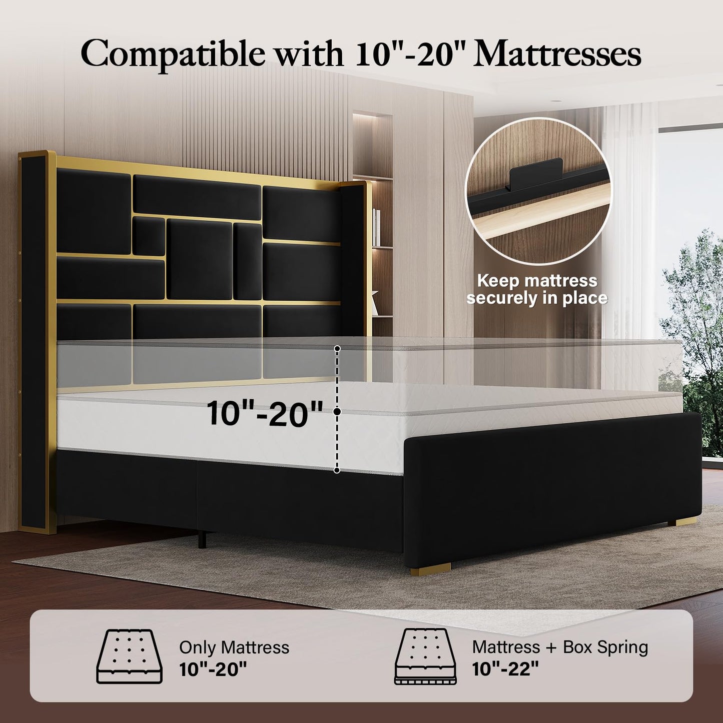 Uteeran King Size Bed Frame with 55.12" Tall Headboard, Modern Luxury Velvet Upholstered Platform Bed with Gold Trim, Wide Wingback Design, Noise-Free, Easy Assembly, No Box Spring Needed, Black