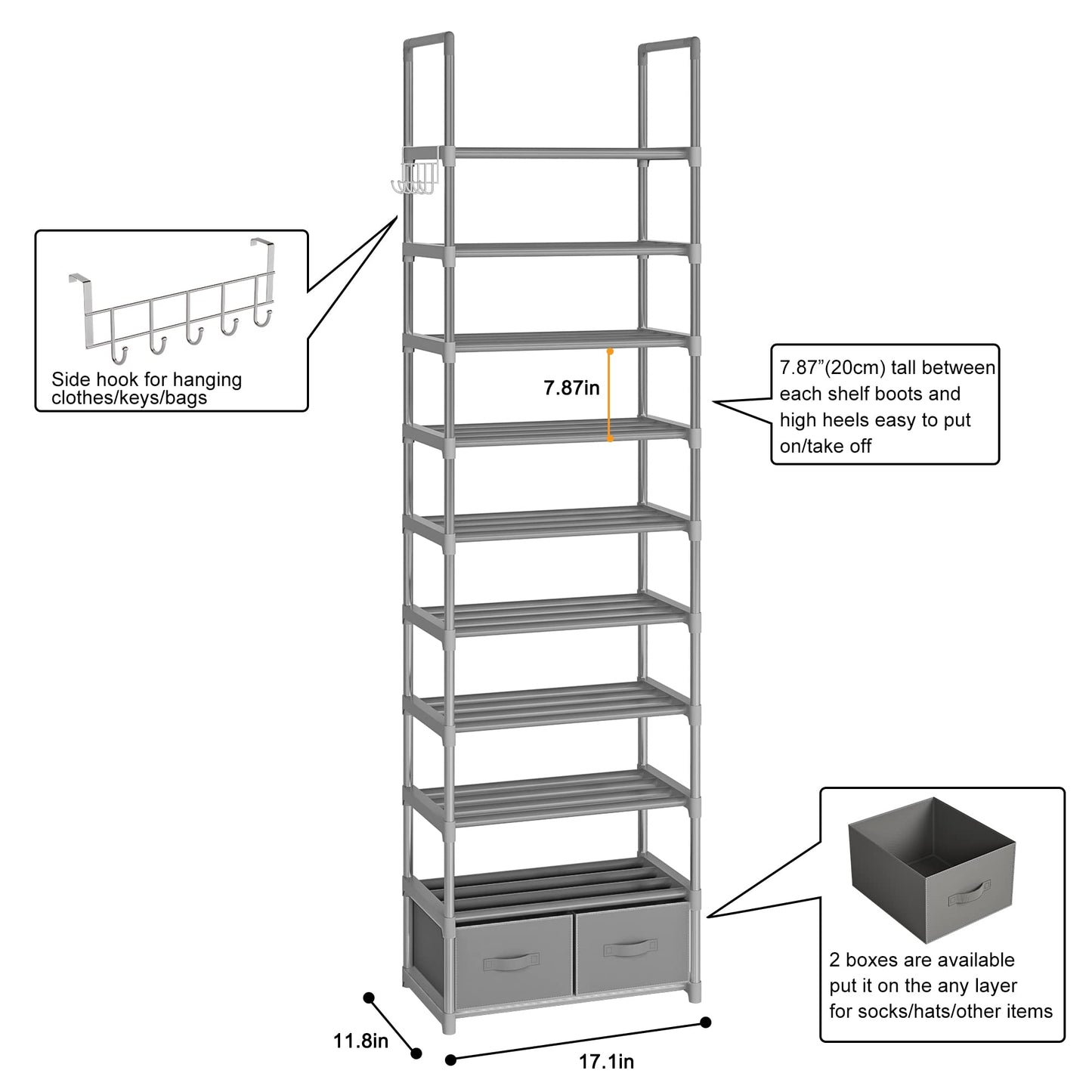 OYREL Shoe Rack, Sturdy Metal Shoes Rack Organizer,Narrow Shoe Rack,Shoe Racks for Closets,Shoes Rack,Shoe Stand,Shoe Shelf (10 Tier with 2 Boxes and 1 Hook)