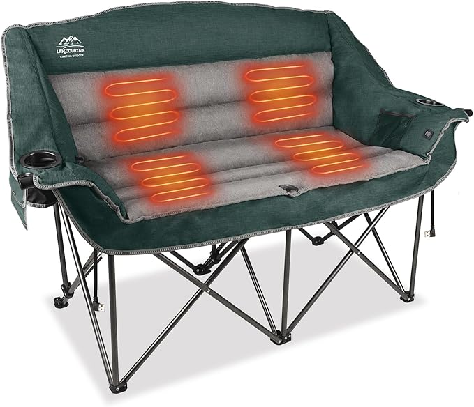 LANMOUNTAIN Heated Double Camping Chairs,3 Heat Levels Padded Portable Loveseat w/Wine Glass Holder,Cup Holder,Heating Outdoor Camp Couch Support 600 Lbs,Dark Green,Battery NOT Included