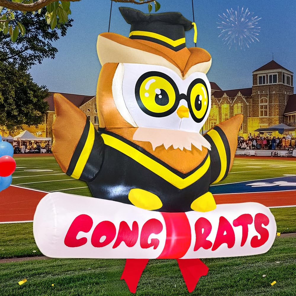 KOOY 4FT Inflatable Graduation Decorations with LED Lights – Blow Up Graduation Yard Sign, Inflatable Graduation Owl Grad Decor for Party College, Perfect for Yard Event Decor