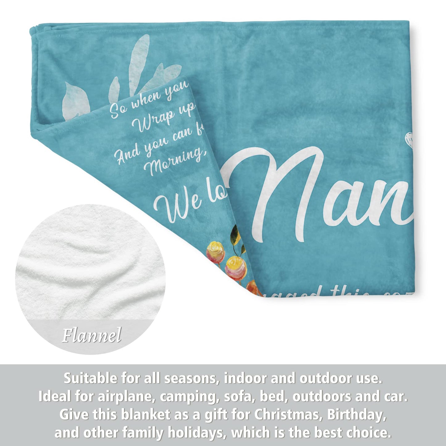 Afterprints Nana Blanket with Flowers & Letter Print, Nana Gifts for Birthday, Grandparents Day, Gifts for Nana from Grandkids, Soft Throw Blankets 50" x 60"
