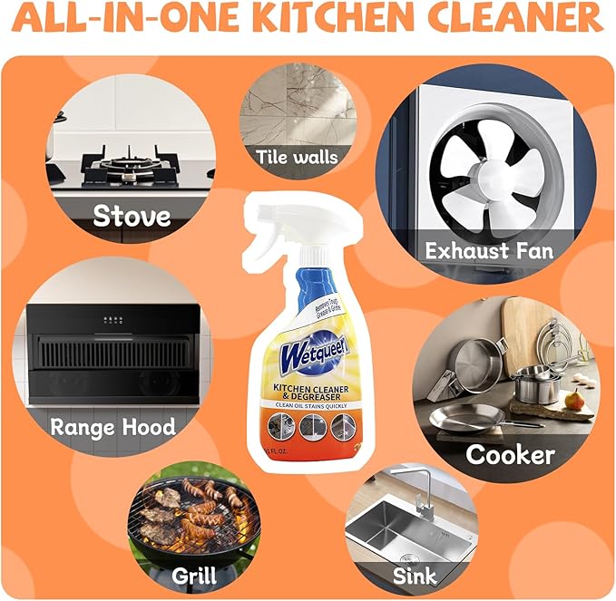 WETQUEEN All Purpose Cleaner Spray, Heavy Duty Kitchen Degreaser Foam Spray, Stubborn Stain Remover for Kitchen, Bathroom, Cooker, Countertops, Tiles, Dual-Spray Nozzle, Lemon Scent, 16.91 Fl Oz