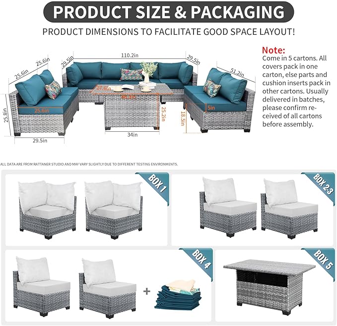 Rattaner Patio Furniture Sectional Sofa Set 9 Pieces Outdoor Wicker Furniture Couch Large-Size Storage Table with Thicken(5") Anti-Slip Peacock Blue Cushions