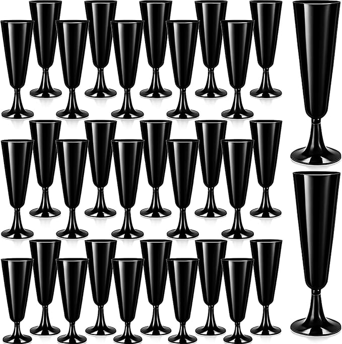 Domensi 40 Pack Black Champagne Flutes Bulk Plastic Disposable Champagne Glasses 5.5 oz Plastic Mimosa Glasses Wedding Coc...