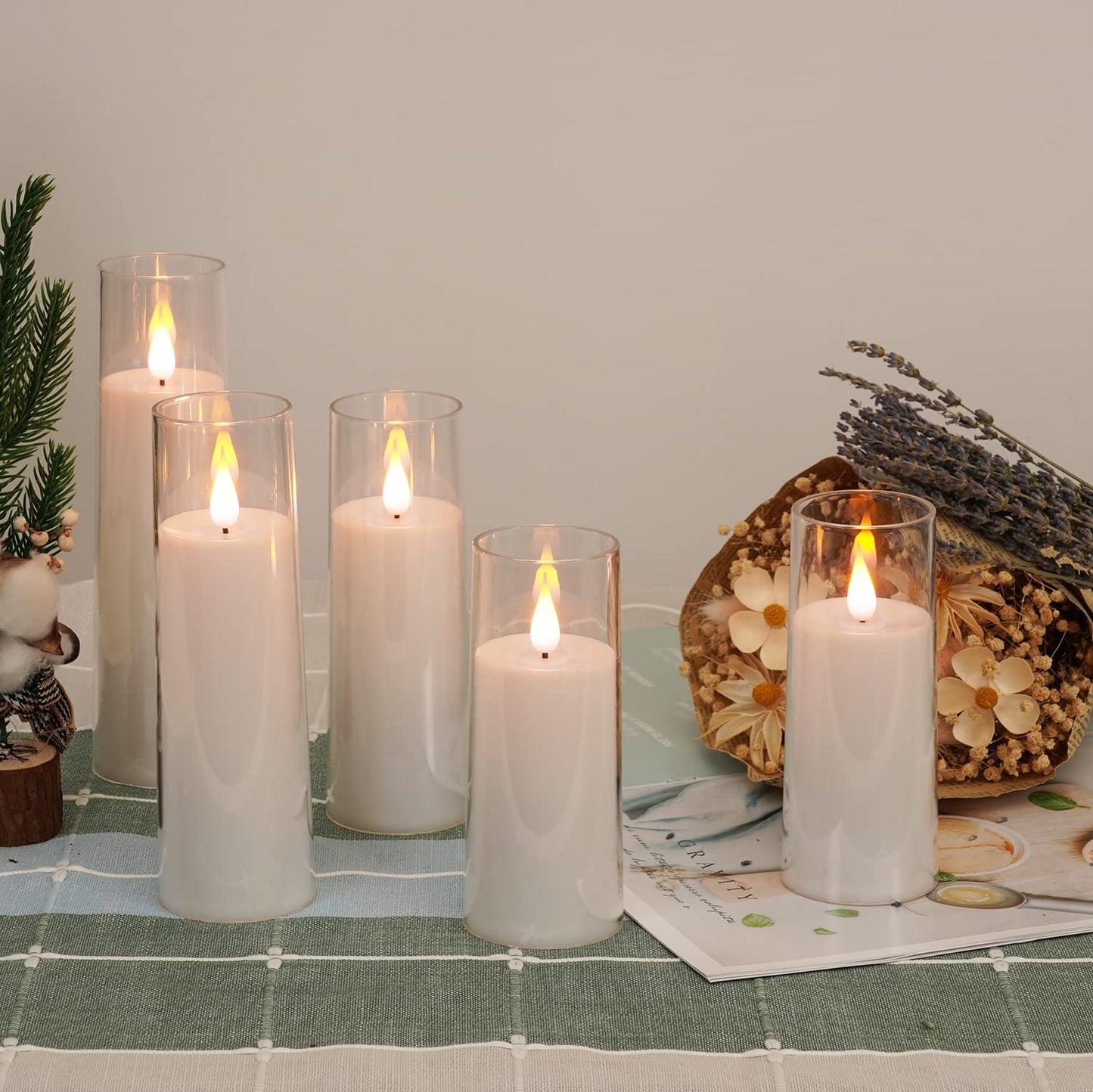 Amagic Pure White Flameless Candles, Battery Operated Candles, Acrylic Flickering LED Pillar Candles with Remote Control and Timer, 3D Wick, Yellow and Blue Glow, D2.2 xH5 5" 6" 7" 8", Set of 5