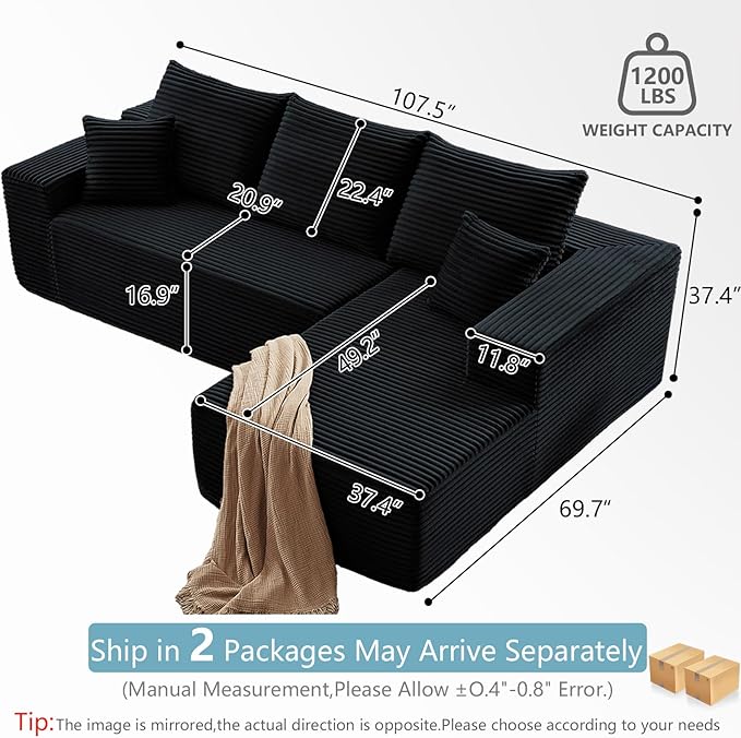 107" W Cloud Sectional Couch with L-Shape Chaise, Modern Corduroy Boneless Couch for Living Room,Memory Foam Sofa with Deep Seat,No Assembly Required (Grey,Right-Facing Chaise)