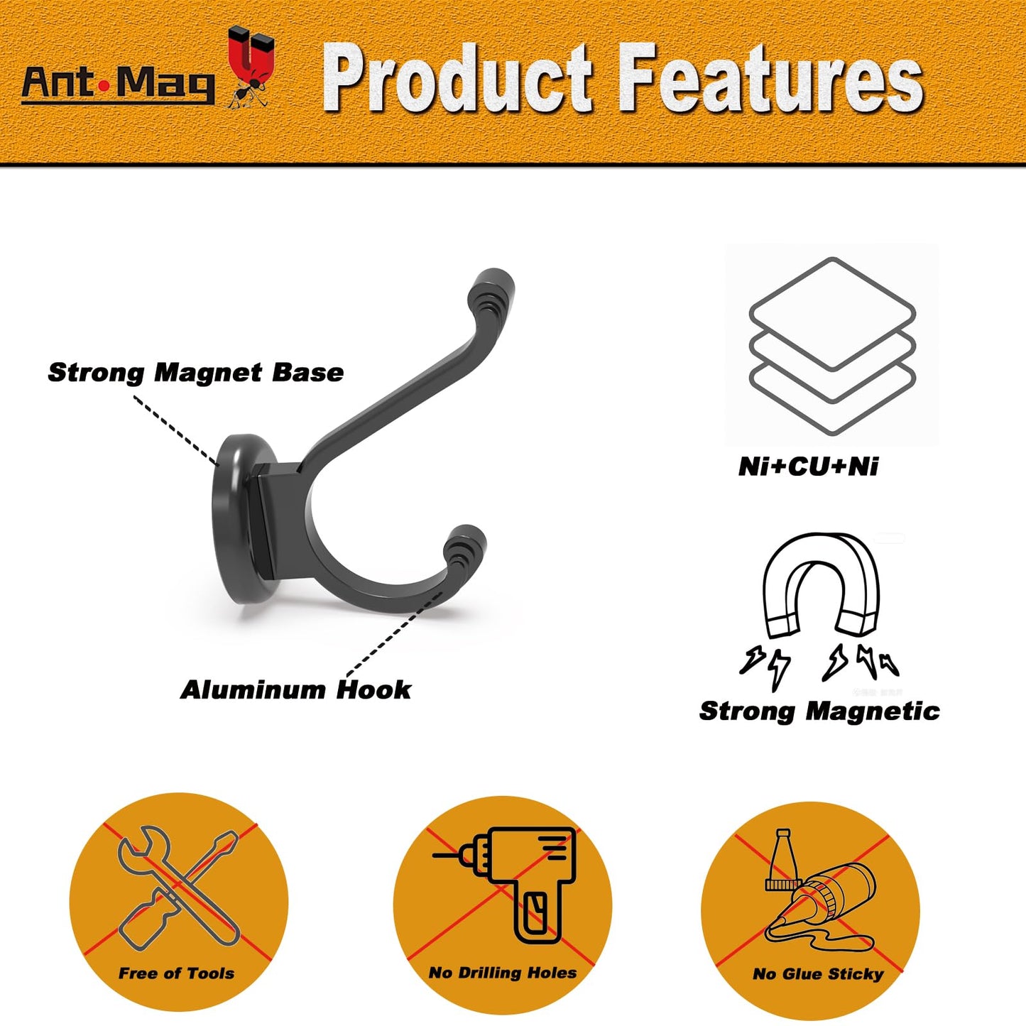 Ant Mag Magnetic Hooks Heavy Duty 140lbs Neodymium Magnet Wall Hooks for Hanging Coats Robes Backpacks Bags Hats Keys Mugs Cups Towels
