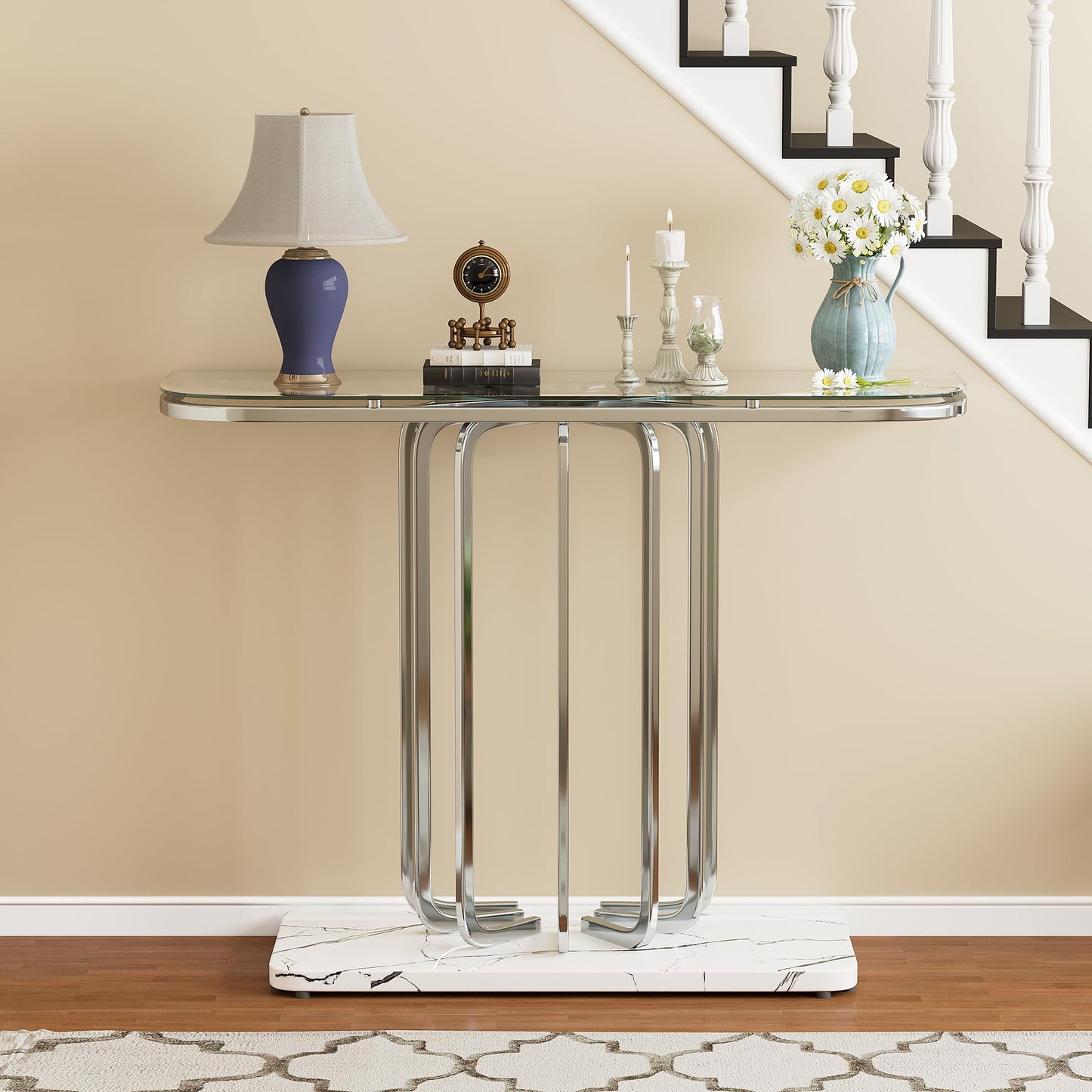 O&K FURNITURE 43" Modern Glass Console Table with Curved Chrome Frame & Faux Marble Base, Silver Narrow Sofa Table for Entryway, Living Room, Hallway, Home Office