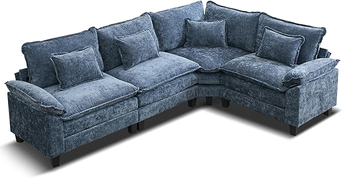 URRED Cloud Couch Modular Sectional Sofa, 116" Modern L Shaped Deep Seat Sofa with Pillows, Ultra Comfy Chenille Corner Couches for Living Room, Bedroom or Apartment, Blue
