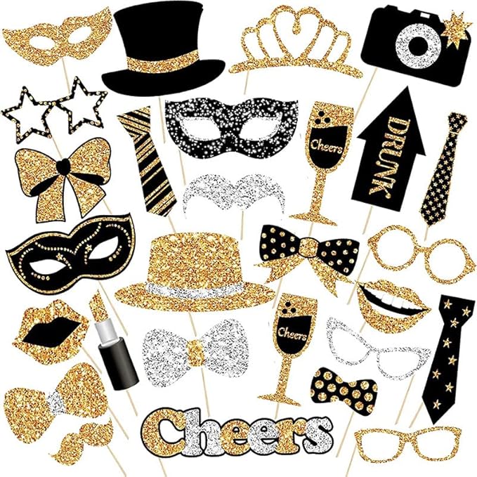 30 Pieces Black Golden Photo Booth Props for Birthday Wedding New Year Party,Mix of Hats, Mask, Lipstick, Tie, Crowns and ...