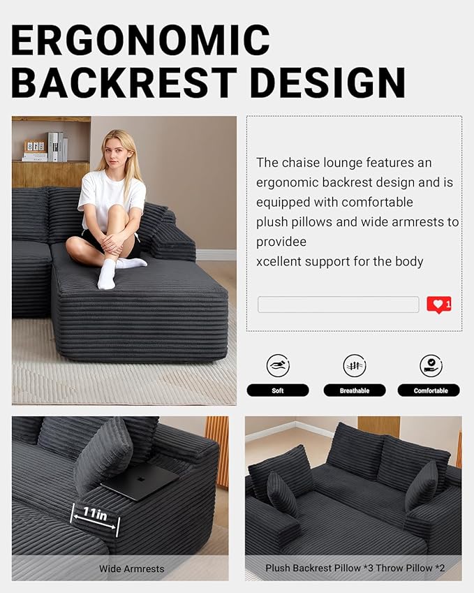 108" Cloud Sectional Couch,Modern Modular Sectional Sofa with Deep Seat,Corduroy Boneless Couches with L-Shape Chaise for Living Room,No Assembly Required (Black, Right Facing Chaise)