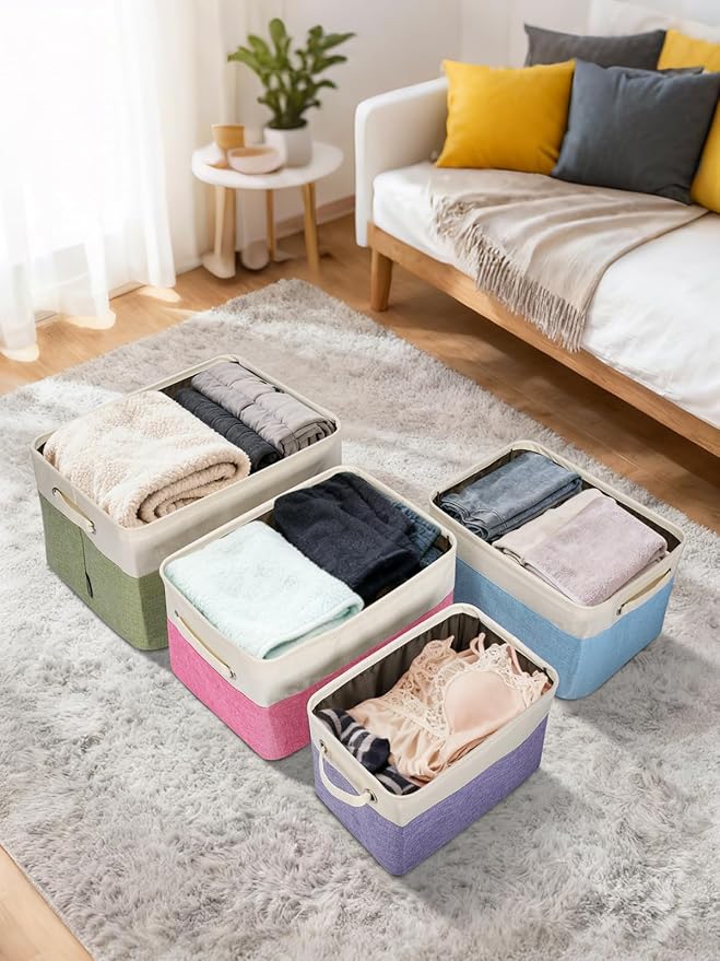 BALEINE 4 Pack Fabric Storage Bins for Shelves, Linen Storage Baskets for Organizing, Decorative Closet Bins for Clothes, Home (Brown, 17''x13''x10.5'')