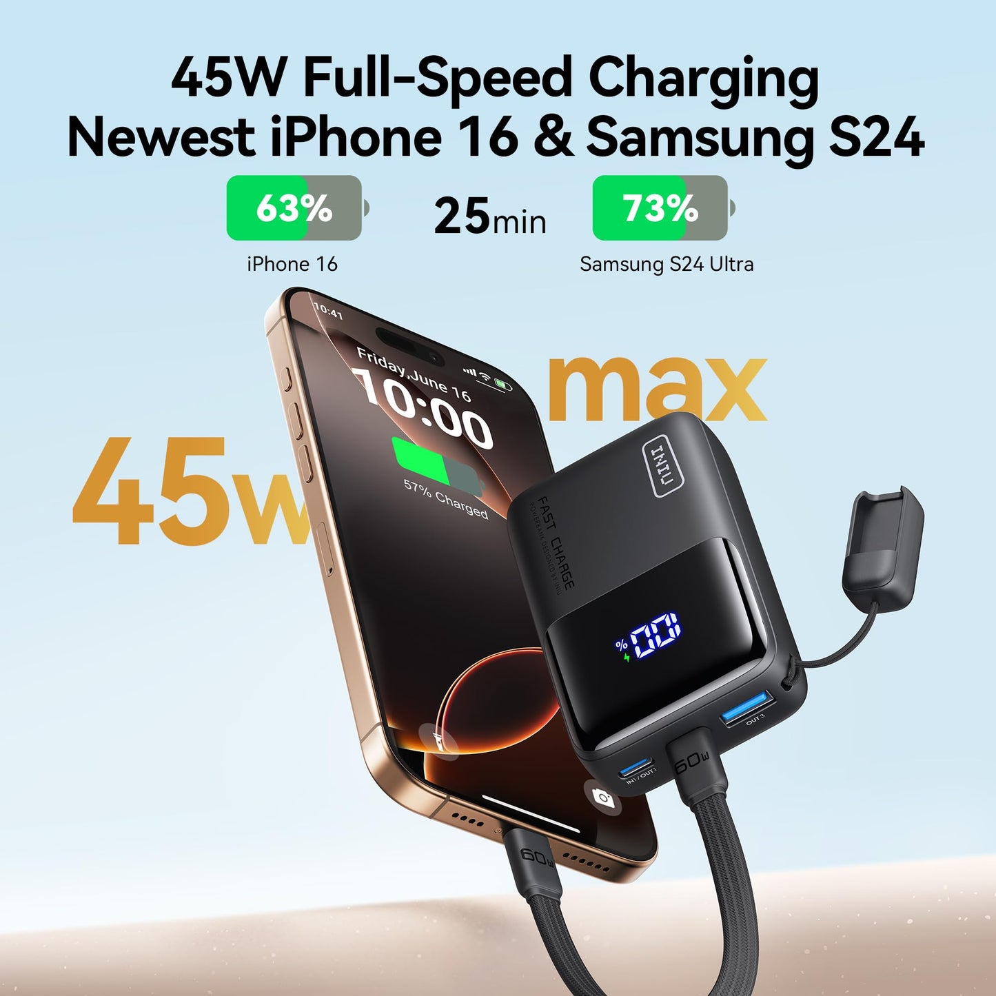 INIU Pocket Size Portable Charger, Ultra Small 10000mAh 45W PD Power Bank, USB C in&Out Fast Charging Battery Pack, Travel Essentials Powerbank for iPhone 16/15 Pro Max, iPad Air, Samsung S22 S27 etc