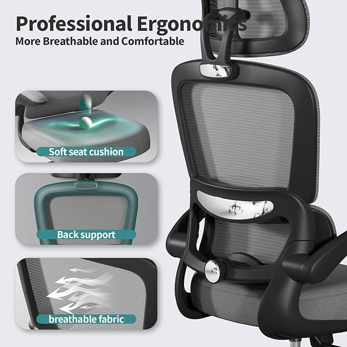 TRALT Office Chair Ergonomic Desk Chair, 330 LBS Home Mesh Office Desk Chairs with Wheels, Comfortable Gaming Chair, High Back Office Chair for Long Hours (Dark Grey)