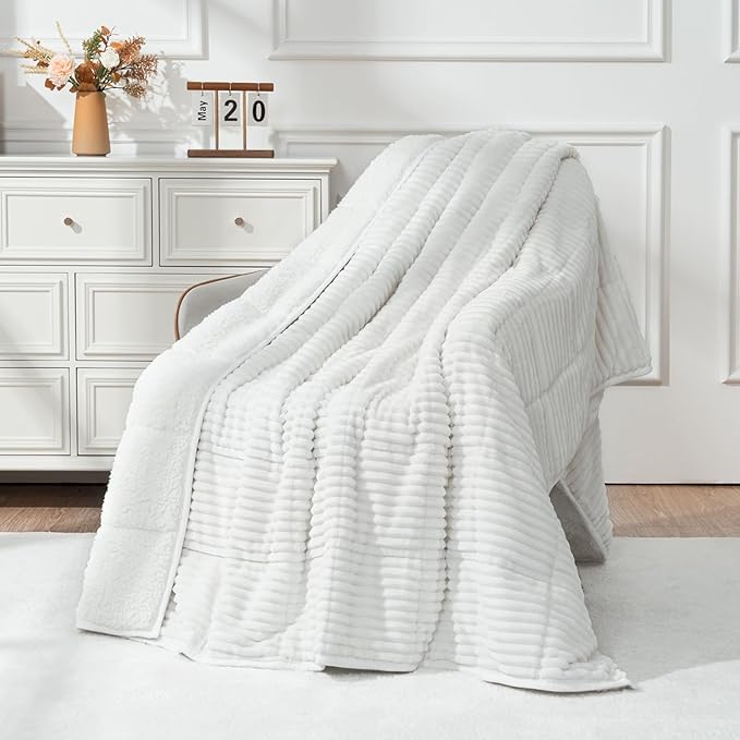 Uttermara Weighted Blanket for Adults Queen Size 15lbs, Striped Ribbed Fuzzy Heavy Blanket, Dual-Sided Ultra Cozy Sherpa & Super Soft Flannel for Sleep, 60x80 Inches, White