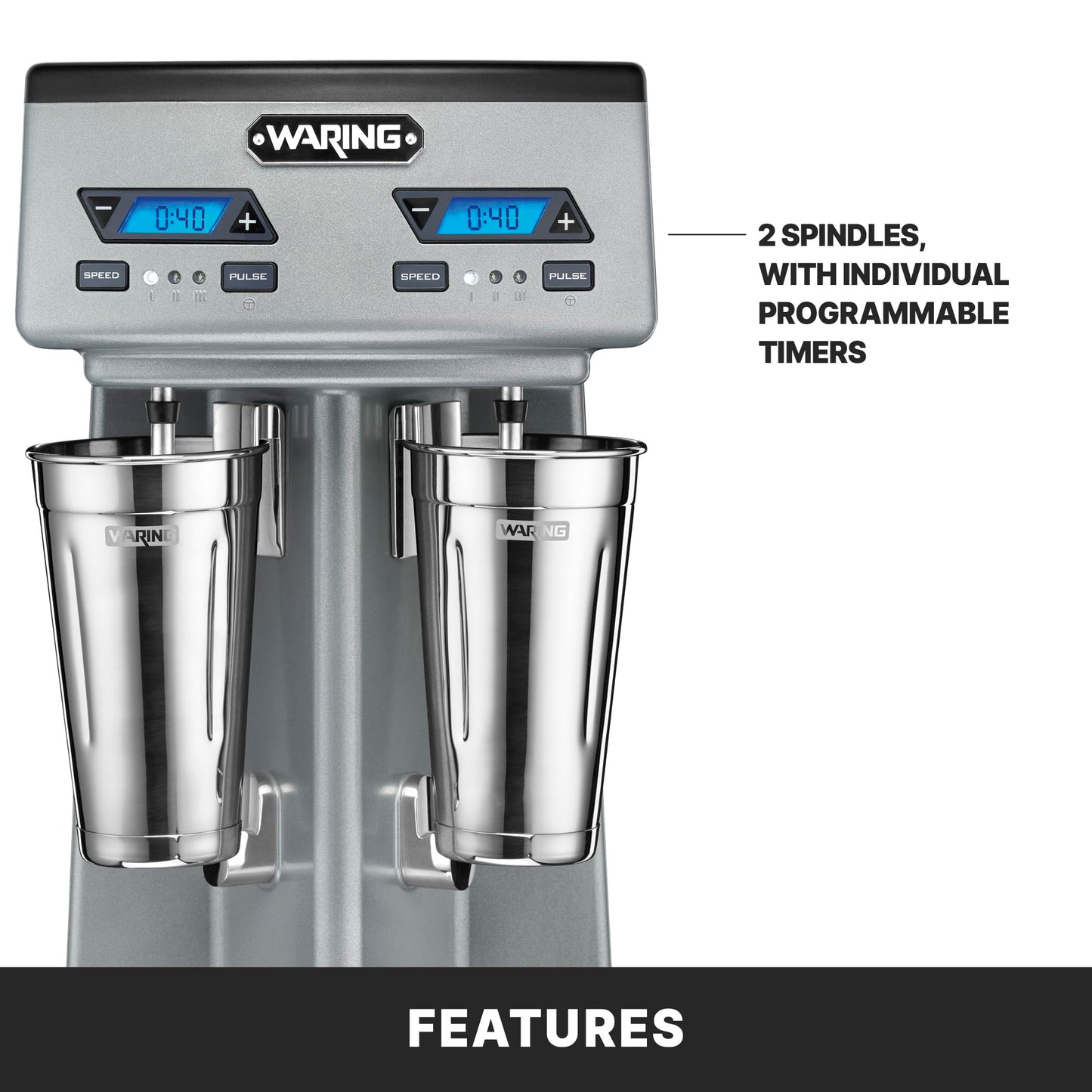 Waring Commercial WDM240TX Heavy-Duty Double Spindle Drink Mixer, Each Spindle Has Independent 1hp Motor, with Countdown Timer, Digital Display, Automatic Start/Stop, 120V, 5-15 Phase Plug, Silver