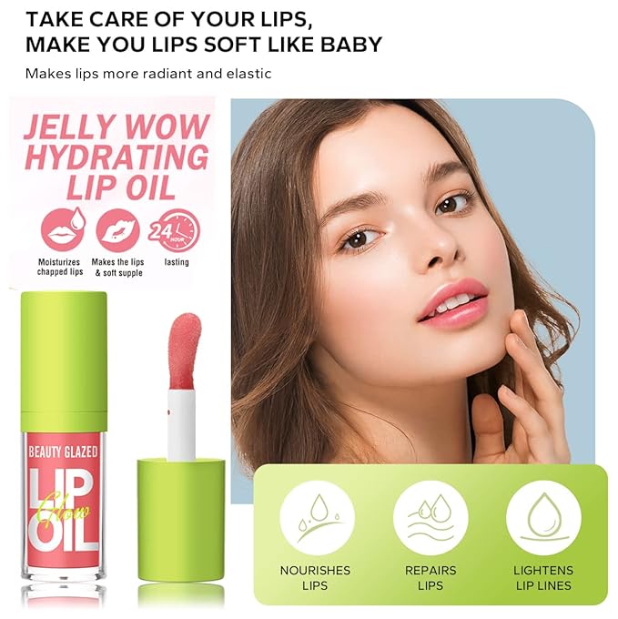 Beauty Glazed Big Brush Head Lip Oil, Ultra-Hydrating & Nourishing, Smooth Glossy Finish Lip Glow Oil, Shiny and Vegan Tinted Lip Gloss, Non-Sticky Formula (2, 101# MEET & 102# KISS)