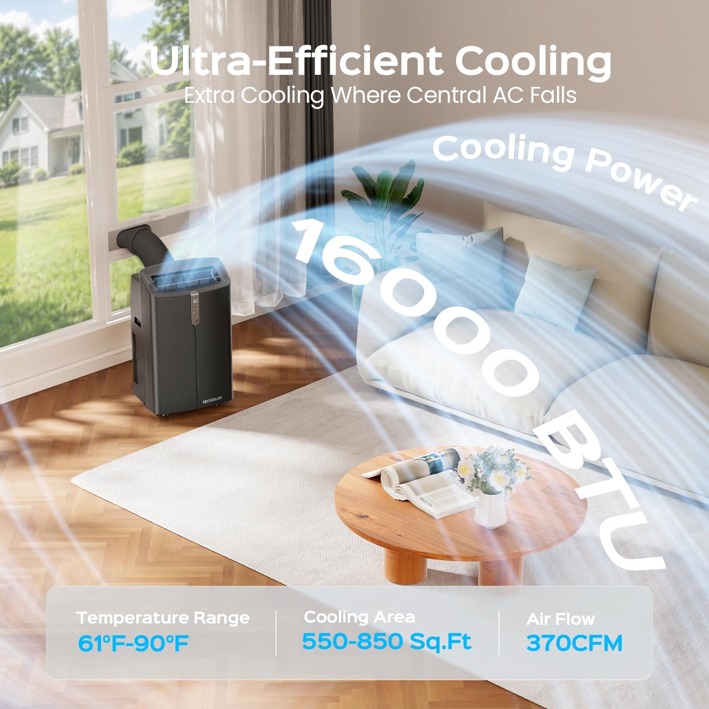 TECXERLLON 16000 BTU Portable Air Conditioners with App Control, Cools Up to 850 Sq.Ft, 4-in-1 Smart Portable AC Unit with Cooling, Dehumidifier, Fan & Sleep Mode, Self-Evaporating for Home & Office