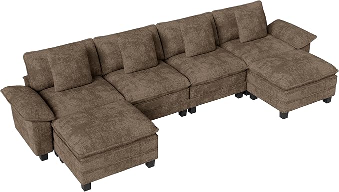 MIXPATIO 157-Inch U Shaped Sectional Sofa with Cloud Cushions, Deep Seat Modular Couch Set w/ 6 Seats & 2 Ottomans, Removable Arms, Plush Chenille Upholstery for Living Room, Apartment - Taupe