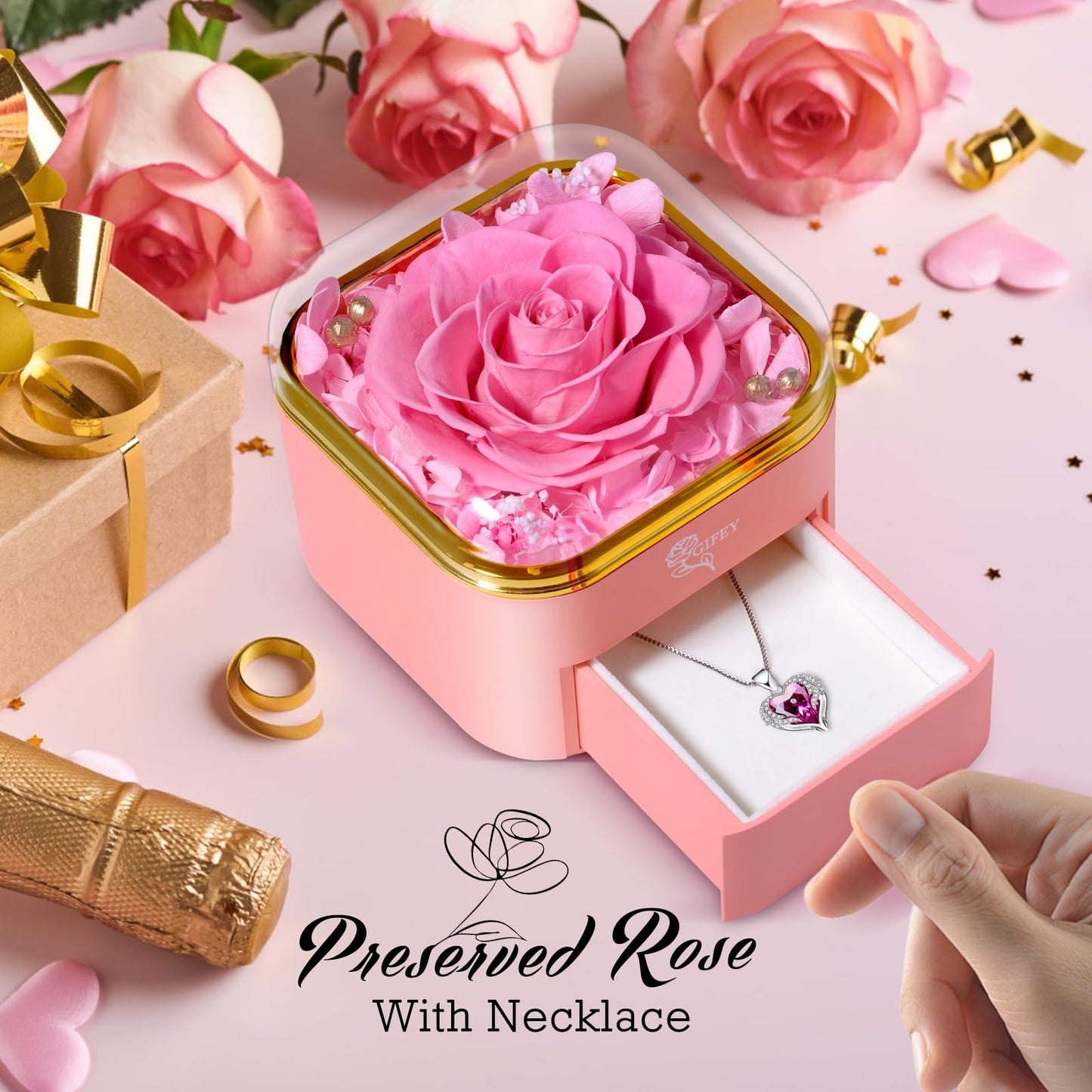 Birthday Gifts for Mom,Preserved Pink Real Rose Gifts,Eternal Preserved Rose Gift Set,Gifts for Women,Grandma,Wife and Girlfriend,Valentines,Wedding,Thanksgiving,Christmas Gift for You to Send Love