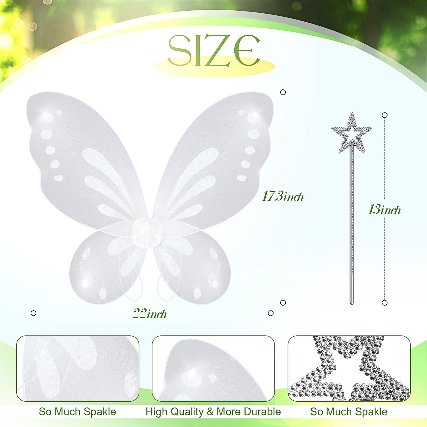 Sratte Fairy Princess Butterfly Wings Girls Kids Butterfly Costumes Set Star Wands Adults Christmas Birthday Party(White, Silver)