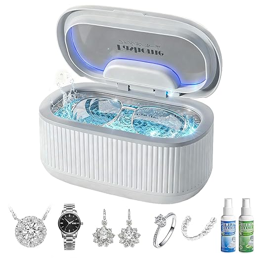 Ultrasonic Cleaner Set with Basket and Holder-45KHz 20oz w/Light & Degas, 200ML Jewelry and Retainer Cleaner Solution for All Jewelry, Rings, Eyeglasses (Gray, Ultrasonic Cleaner+Cleaning Solution)