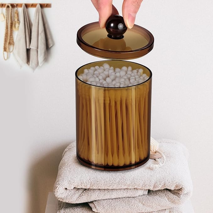 SheeChung 4 Pack Plastic Acrylic Bathroom Vanity Countertop Canister Jars with Storage Lid, Apothecary Jars Qtip Holder Makeup Organizer for Cotton Balls,Swabs,Pads,Bath Salts (Amber)