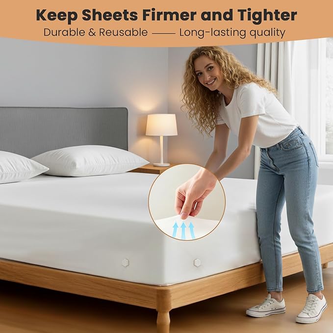 4Pcs Sheet Holders, Bed Sheet Holders for Corners, Lock Bed Sheet Holders, Fitted Sheet Holders Keep Sheets Firm & Tight, Universal Fitted Sheet Holder for All Mattress Sizes, White
