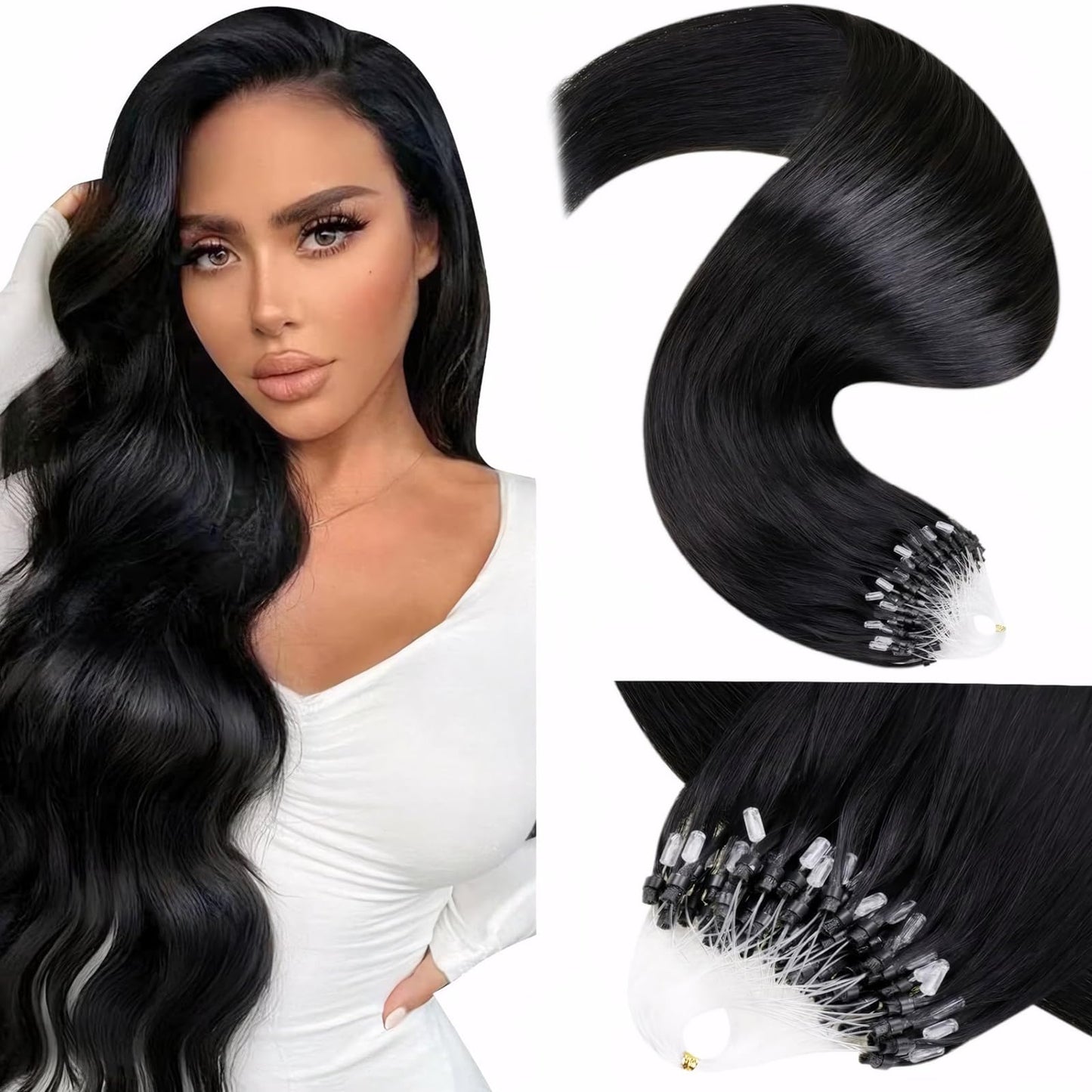 LaaVoo Micro Bead Hair Extensions Real Human Hair 24 Inch Microlink Hair Extensions Human Hair Jet Black Micro Ring Hair Extensi
