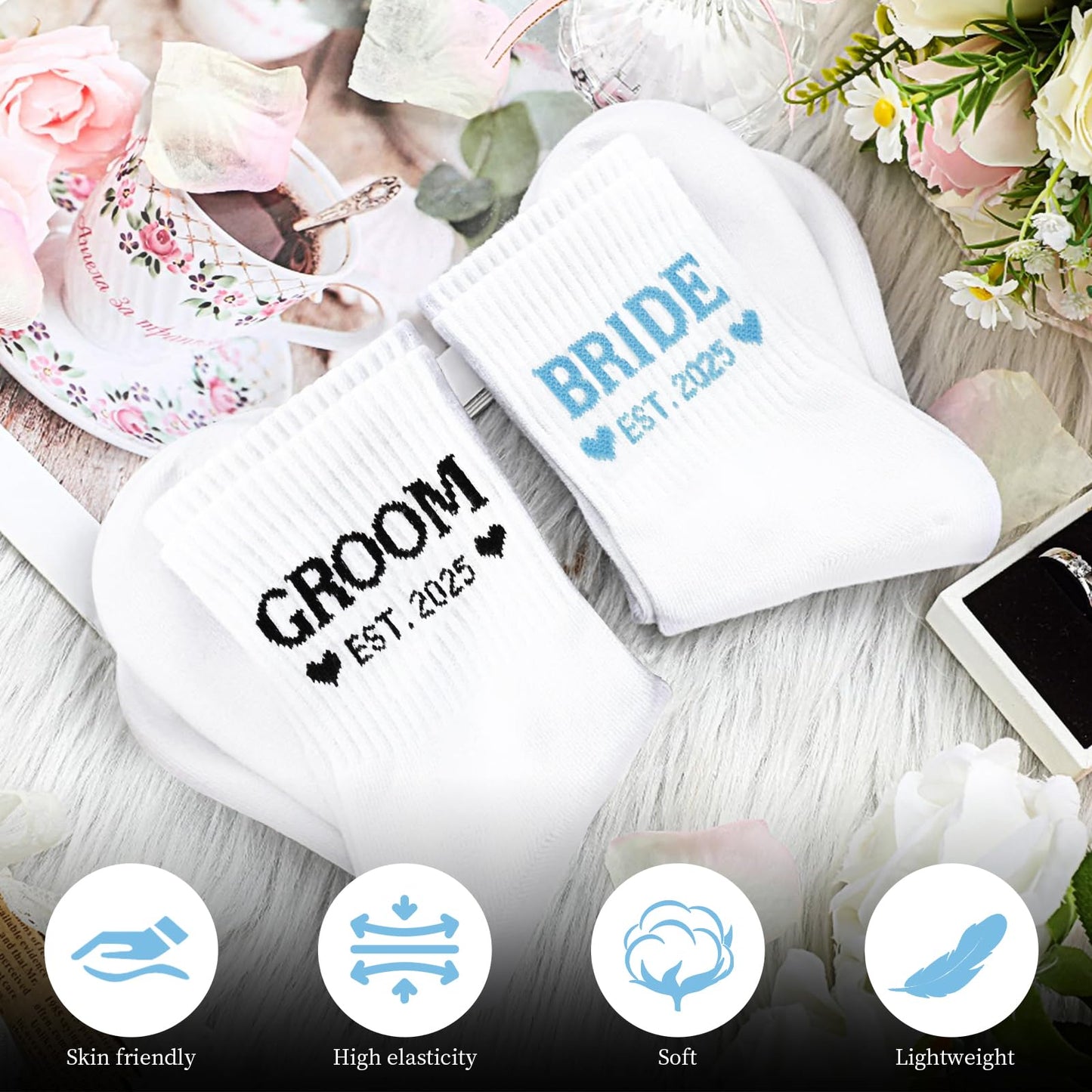 ZVUZVO Bride And Groom Gifts 2025, White Blue Bride Socks Soft And White Black Groom Socks Novelty, Engagement Wedding Gifts For Couples Newlywed