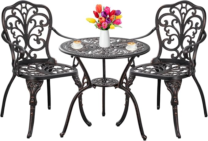 Withniture Outdoor Bistro Table and Chairs Set of 2 Cast Aluminum Patio Bistro Set with Umbrella Hole, All Weather Bistro Table Set for Garden, Suitable for All People, Bronze
