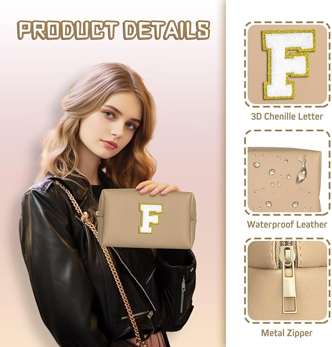 TOPEAST Initial Makeup Bags for Women, Personalized Portable Cosmetic Bag for Travel, Cute Makeup Pouch, PU Leather Waterproof Toiletry Bag, Preppy Things for Girl (Khaki V)
