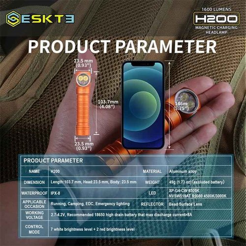 ESKTE H200 Headlamp Flashlight,1100 lumens USB Magnetic Rechargeable,White and Red Beam,Hands-Free Reliable Angle Light for Running Camping Hiking Caving (Black, H200 Neutral White High CRI)
